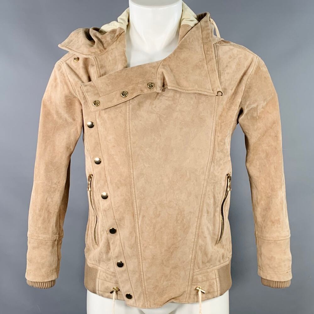 BALMAIN SS16 Size S Beige Calfskin Suede Hooded Asymmetrical Snaps Jacket